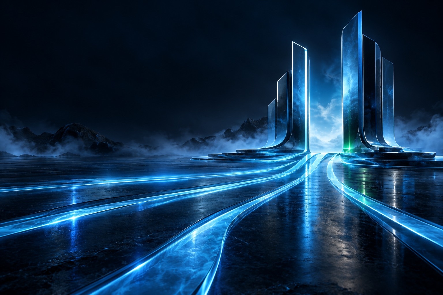 A luminous blue business pathway rising toward a connected, future-ready city